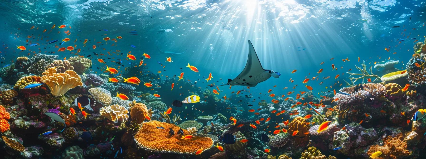Ultimate Guide to Scuba Diving in Indonesia Adventures 2 a stunning underwater scene captures a vibrant coral reef teeming with diverse marine life, including graceful manta rays and colorful clownfish, showcasing the breathtaking biodiversity found in indonesia's scuba diving hotspots.