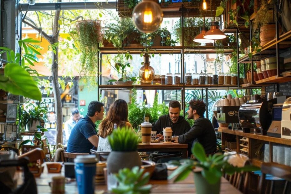 a stylish urban cafe with sustainable decor showcases a group of diverse travelers enthusiastically discussing eco-friendly tips and practices, with reusable coffee cups and travel gear prominently displayed on the table.