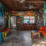 a vibrant, high-energy dive shop adorned with colorful underwater photography, showcasing maps and itineraries of breathtaking diving destinations in south west asia.
