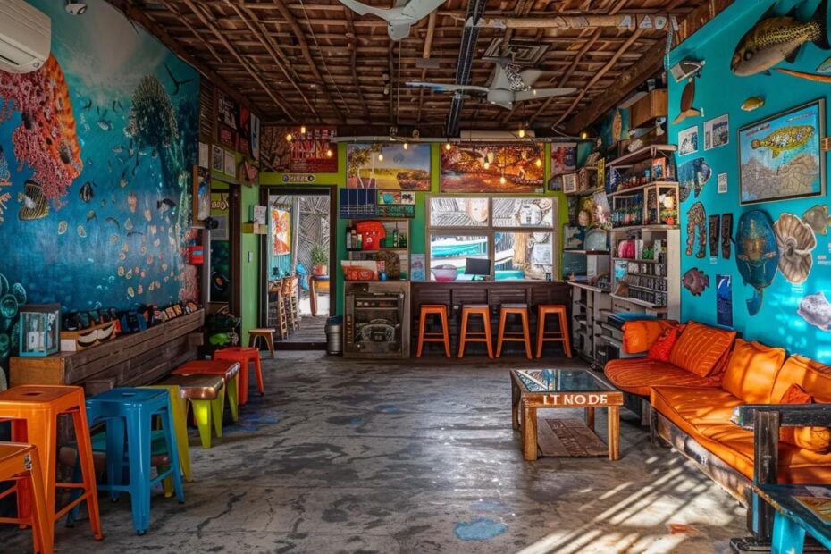 a vibrant, high-energy dive shop adorned with colorful underwater photography, showcasing maps and itineraries of breathtaking diving destinations in south west asia.