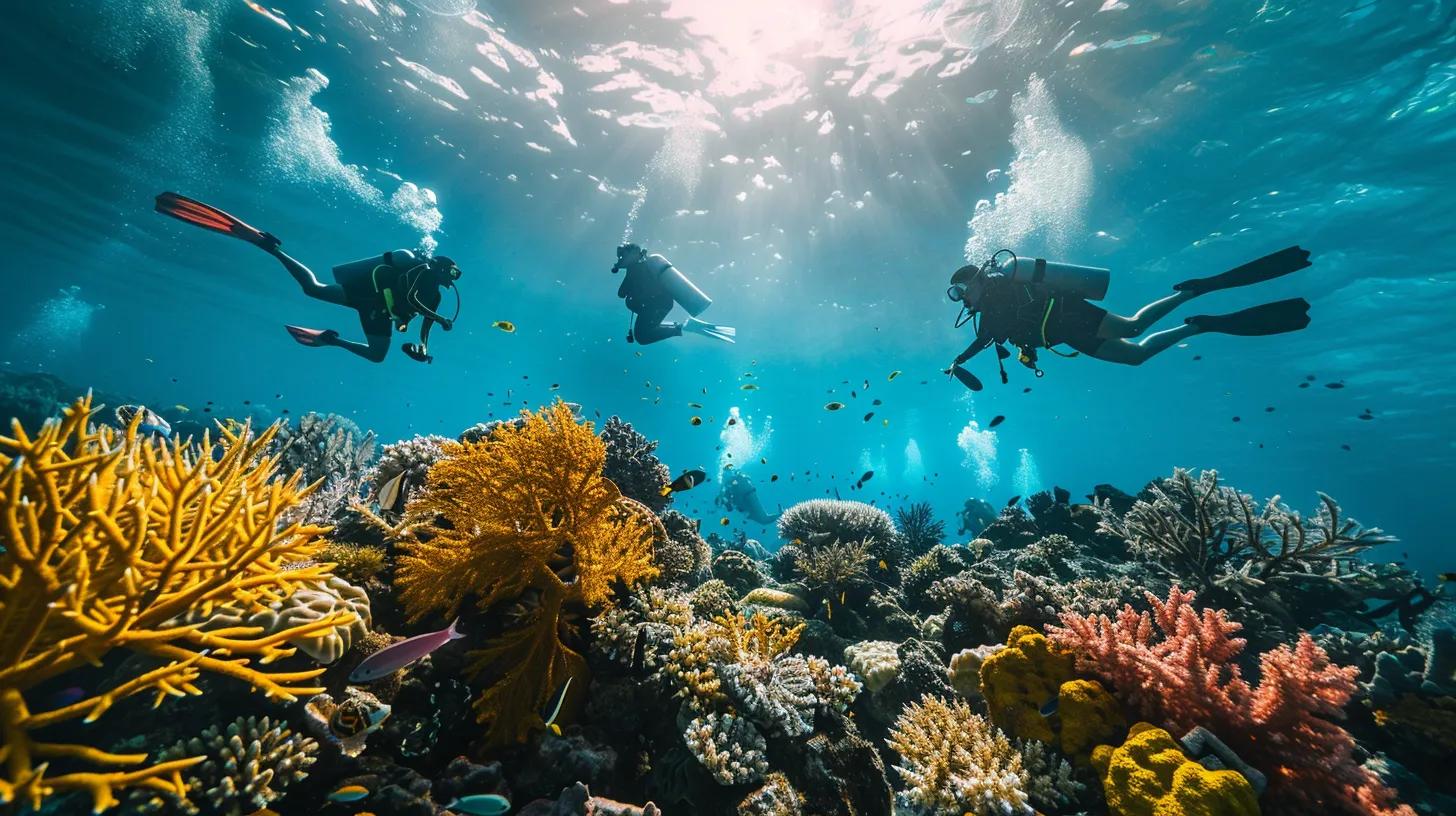 Must-Visit Diving Destinations in South West Asia 13 a vibrant underwater scene captures a group of divers exploring a bustling coral reef, showcasing their environmentally friendly dive gear while actively monitoring marine life and participating in a coral restoration project, all framed within the crystalline blue waters of raja ampat.