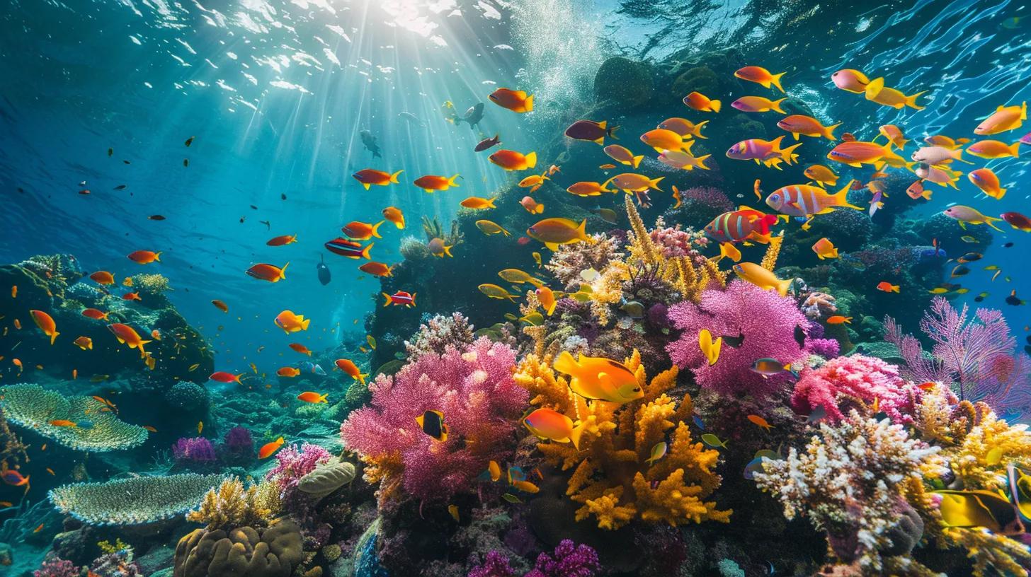 Must-Visit Diving Destinations in South West Asia 4 a vibrant underwater scene captures vivid coral gardens and diverse marine life thriving in the crystal-clear waters of the similan islands, showcasing dramatic rock formations and schools of colorful fish.
