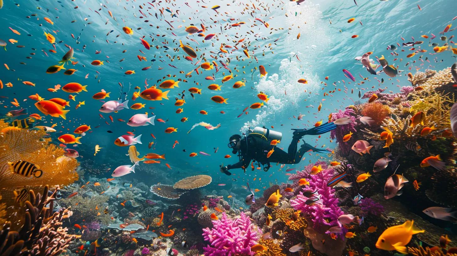 Must-Visit Diving Destinations in South West Asia 6 a vibrant underwater scene showcases a diver exploring the crystal-clear waters of thailand's similan islands, surrounded by colorful coral reefs and an array of tropical fish, perfectly capturing the essence of optimal diving conditions in south west asia.
