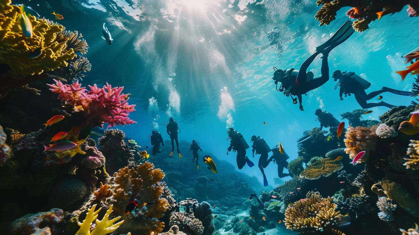 Must-Visit Diving Destinations in South West Asia 9 a vibrant underwater scene showcases a group of divers enthusiastically exploring a colorful coral reef, while a professional-looking dive operator, with visible certifications displayed, briefs a new group on safety protocols and dive site features in a well-equipped dive shop setting.