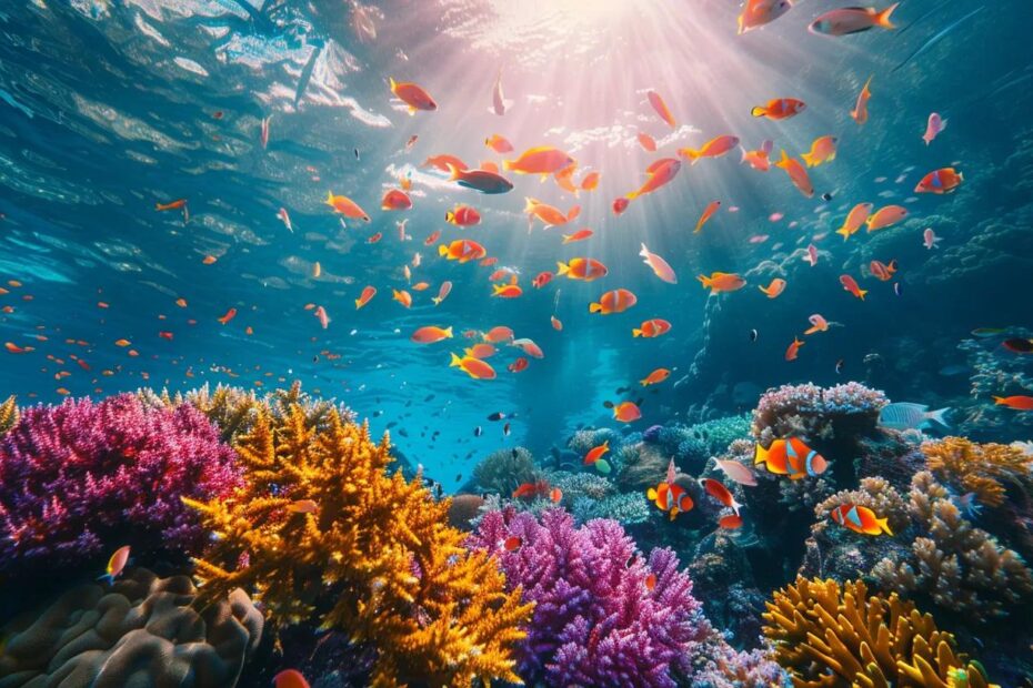 a vibrant underwater scene showcases a diverse marine ecosystem with colorful coral reefs, shimmering schools of tropical fish, and adventurous divers exploring crystal-clear waters, symbolizing the thrill of diving in south west asia.