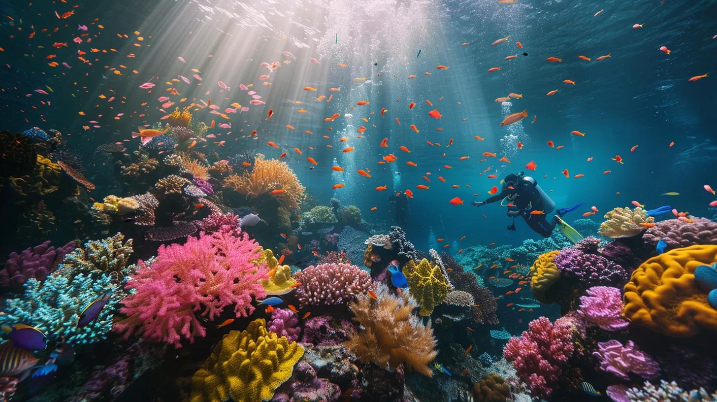 Must-Visit Diving Destinations in South West Asia 12 a vibrant underwater scene showcases a diverse coral reef teeming with colorful marine life, where responsible divers in eco-friendly gear engage in a coral restoration project, illuminated by soft, filtered light from the surface above.