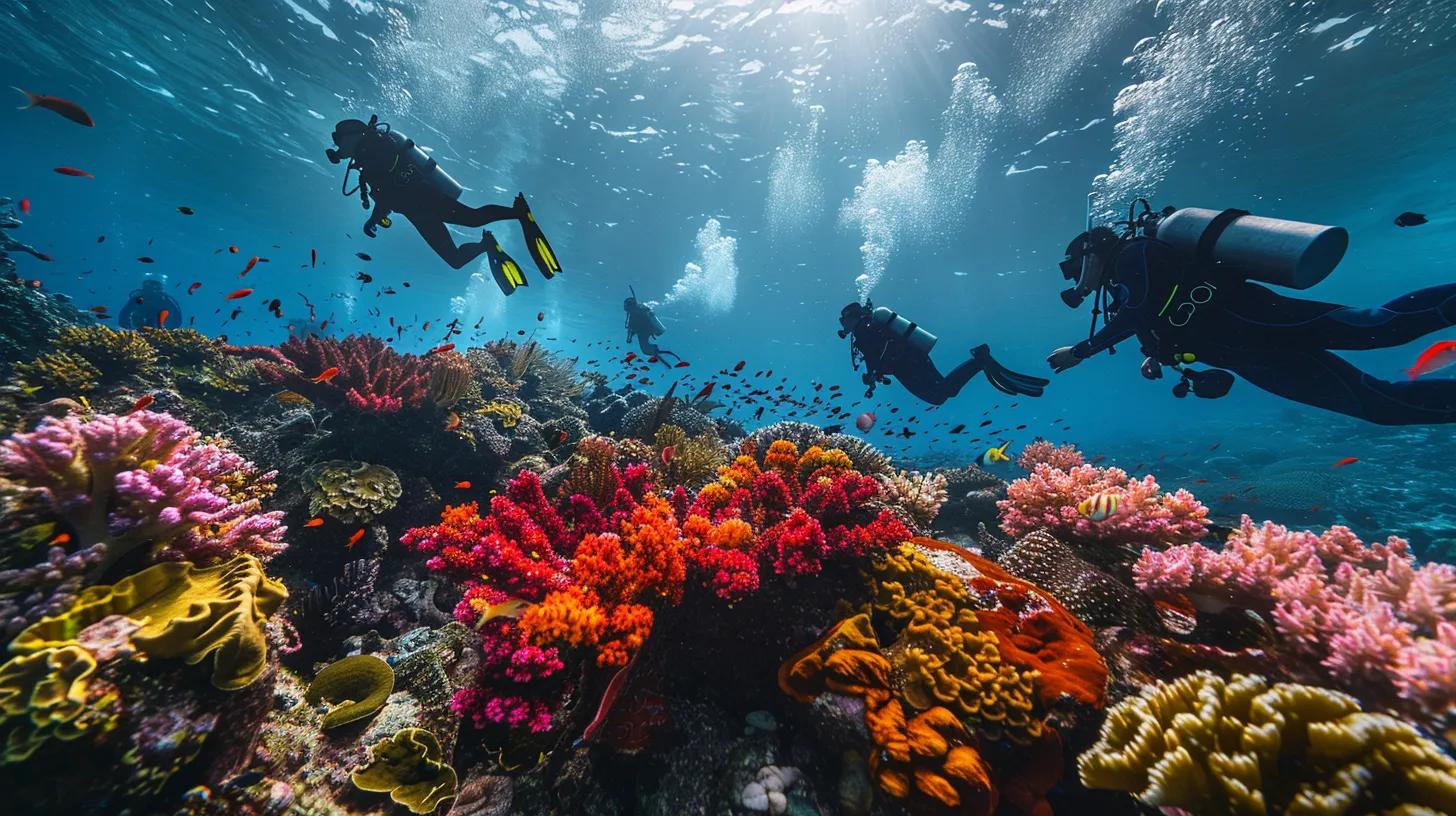 Must-Visit Diving Destinations in South West Asia 3 a vibrant underwater scene showcasing a diverse group of divers at varying skill levels, exploring the colorful coral reefs of the similan islands, with clear visibility highlighting the rich marine life and intricate structures of the ocean floor.
