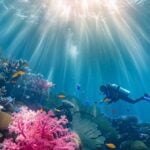 a vibrant underwater scene showcasing a diverse coral reef teeming with colorful marine life, with a scuba diver exploring the depths, framed by beams of sunlight filtering through crystal-clear waters in an indonesian diving site.