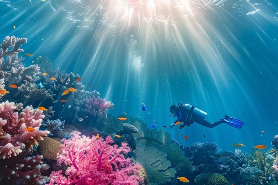 a vibrant underwater scene showcasing a diverse coral reef teeming with colorful marine life, with a scuba diver exploring the depths, framed by beams of sunlight filtering through crystal-clear waters in an indonesian diving site.