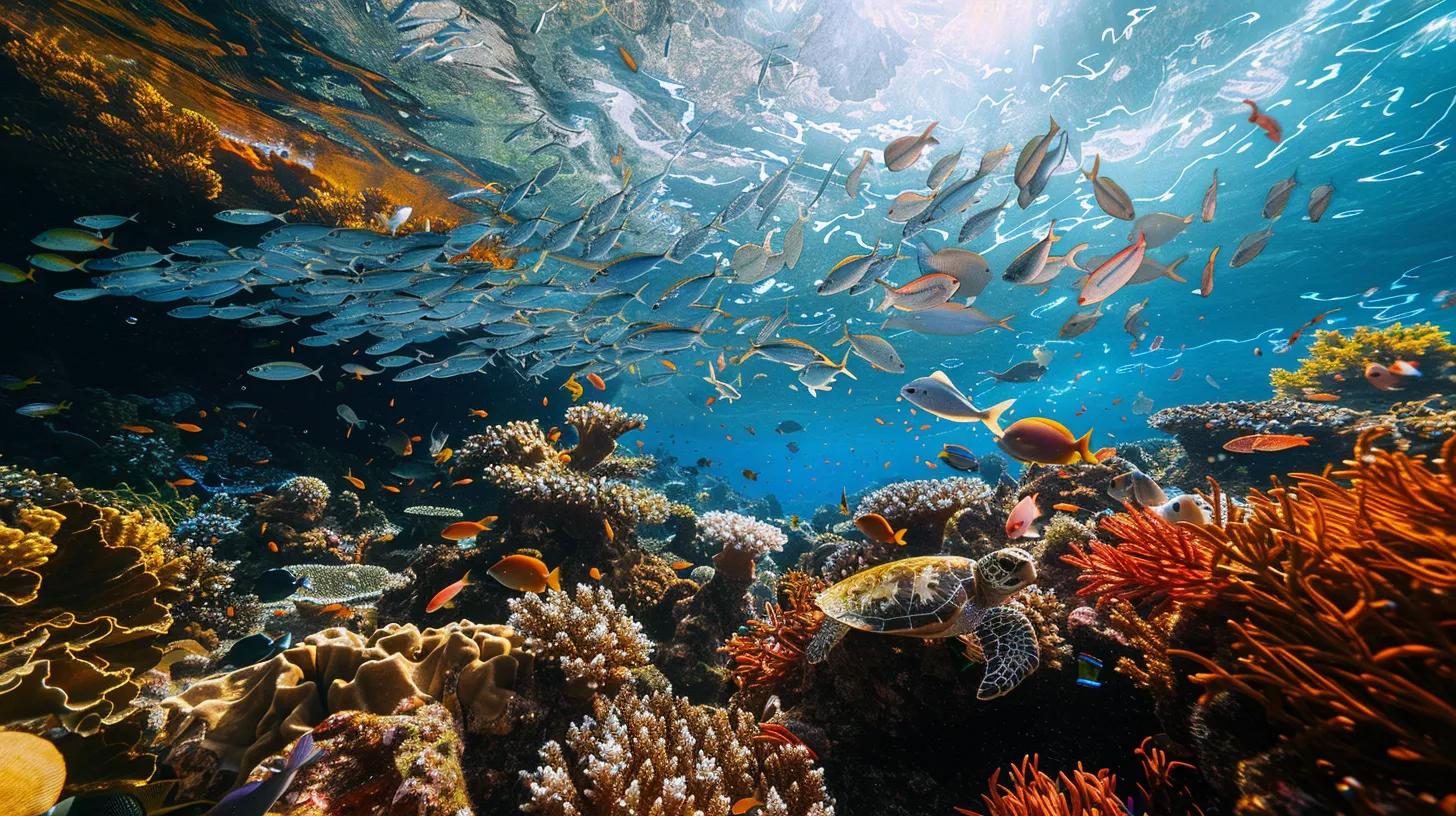 Must-Visit Diving Destinations in South West Asia 5 a vibrant underwater scene showcasing diverse marine life at sipadan island, featuring immense schools of barracudas and graceful sea turtles amidst stunning coral formations, illuminated by crystal-clear waters.