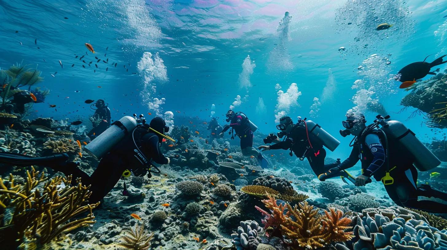 Must-Visit Diving Destinations in South West Asia 10 a visually striking underwater scene captures a group of divers, equipped with modern gear, performing a pre-dive safety briefing with vibrant coral reefs and diverse marine life in the background, emphasizing the importance of safety and certification in diving.
