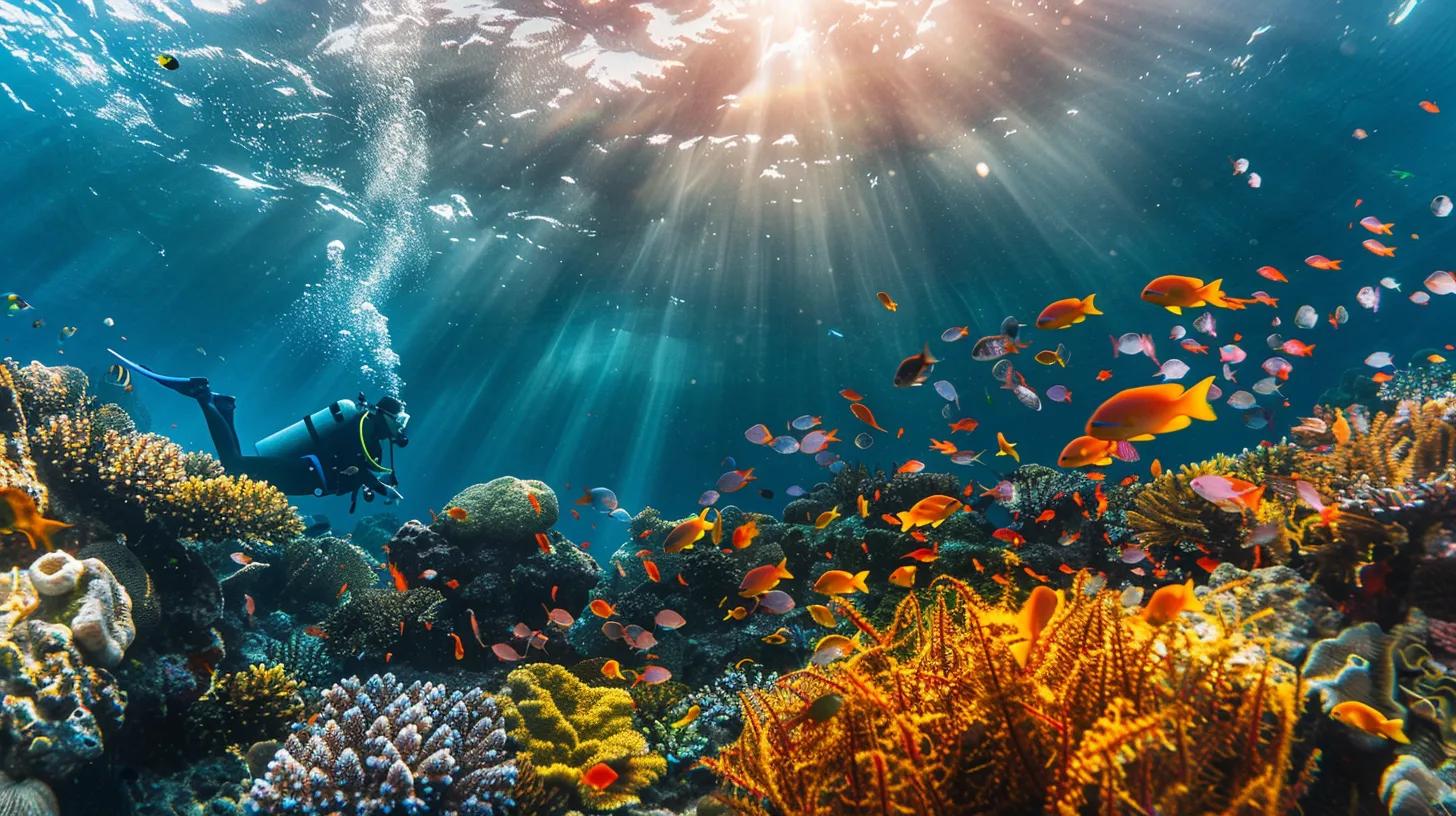 Must-Visit Diving Destinations in South West Asia 2 a vivid underwater scene showcases a diver exploring the vibrant coral reefs and diverse marine life of southeast asia, illuminated by shafts of light filtering through crystal-clear waters, with snippets of stunning tropical fish weaving between colorful corals.