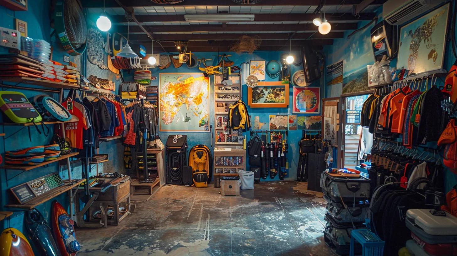 Dive Into Spectacular Itineraries in South West Asia 2 a vibrant dive shop interior showcases an array of colorful dive gear and detailed maps on the walls, with expert divers engaged in animated discussions about crafting personalized diving itineraries in exotic south west asia locations.