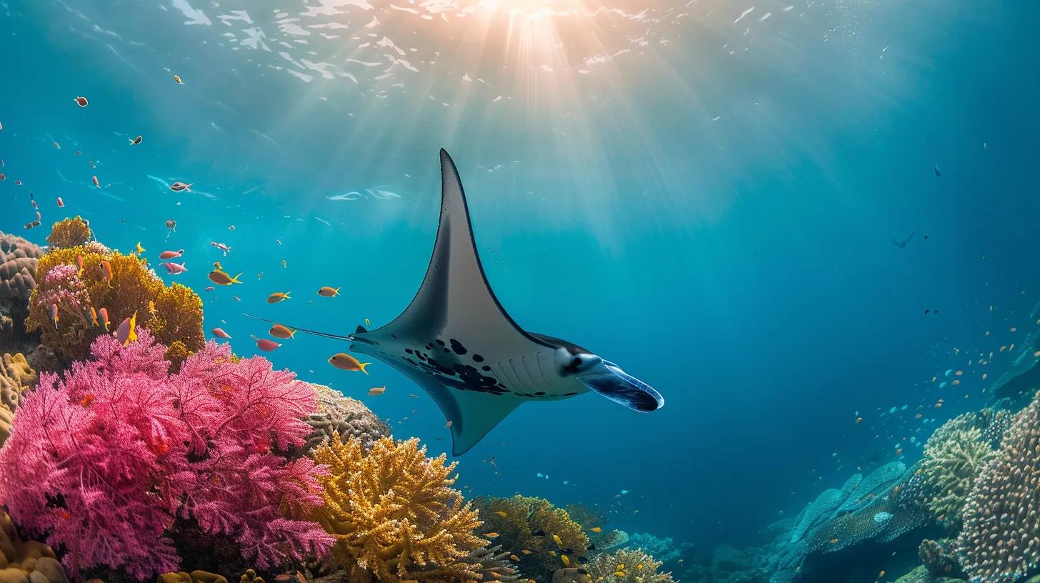 Must-Visit Diving Destinations in South West Asia 7 a vibrant underwater scene in thailand showcasing clear blue waters teeming with diverse marine life, featuring colorful coral reefs and a graceful manta ray gliding through a sunlit, calm environment, illustrating the optimal diving conditions from november to april.