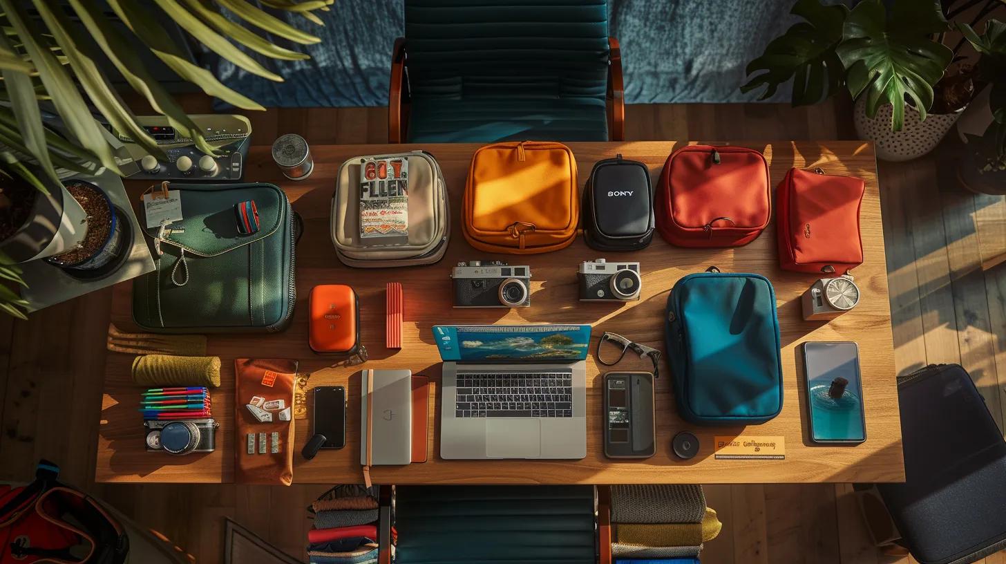 Must-Have Items on Your Digital Nomad Packing List 4 a vibrant and organized workspace is filled with diverse travel essentials, including colorful packing cubes and travel gadgets, set against a sleek modern desk with a laptop, embodying the essence of preparation for digital nomads heading to various global destinations.