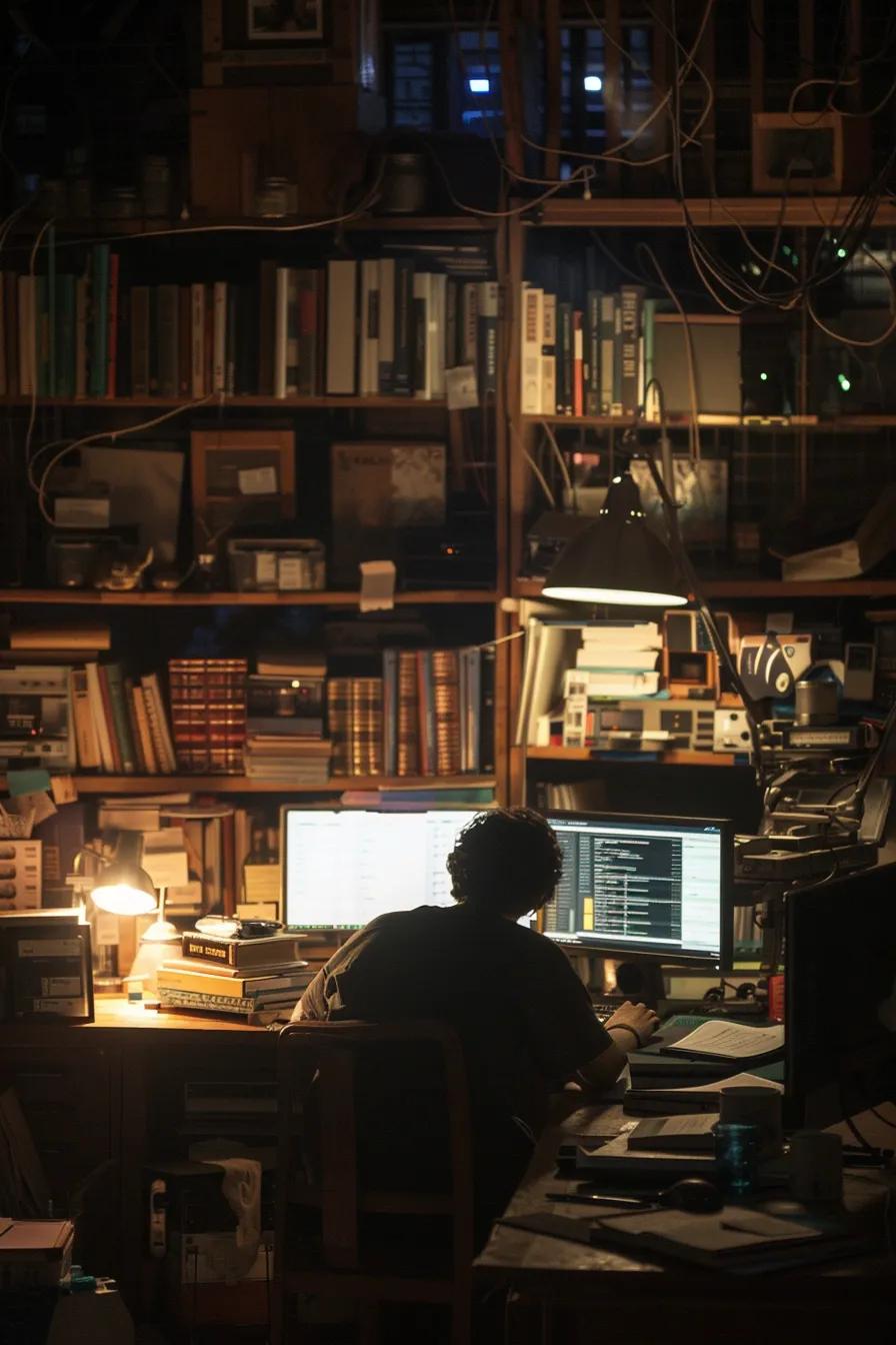 Discover Feral People Sightings in the USA: Legends Unveiled 17 a dimly lit, sophisticated research laboratory filled with archival books and computer monitors displaying analyzed data, where scholars are deeply engrossed in discussing feral behavior and human adaptation theories.