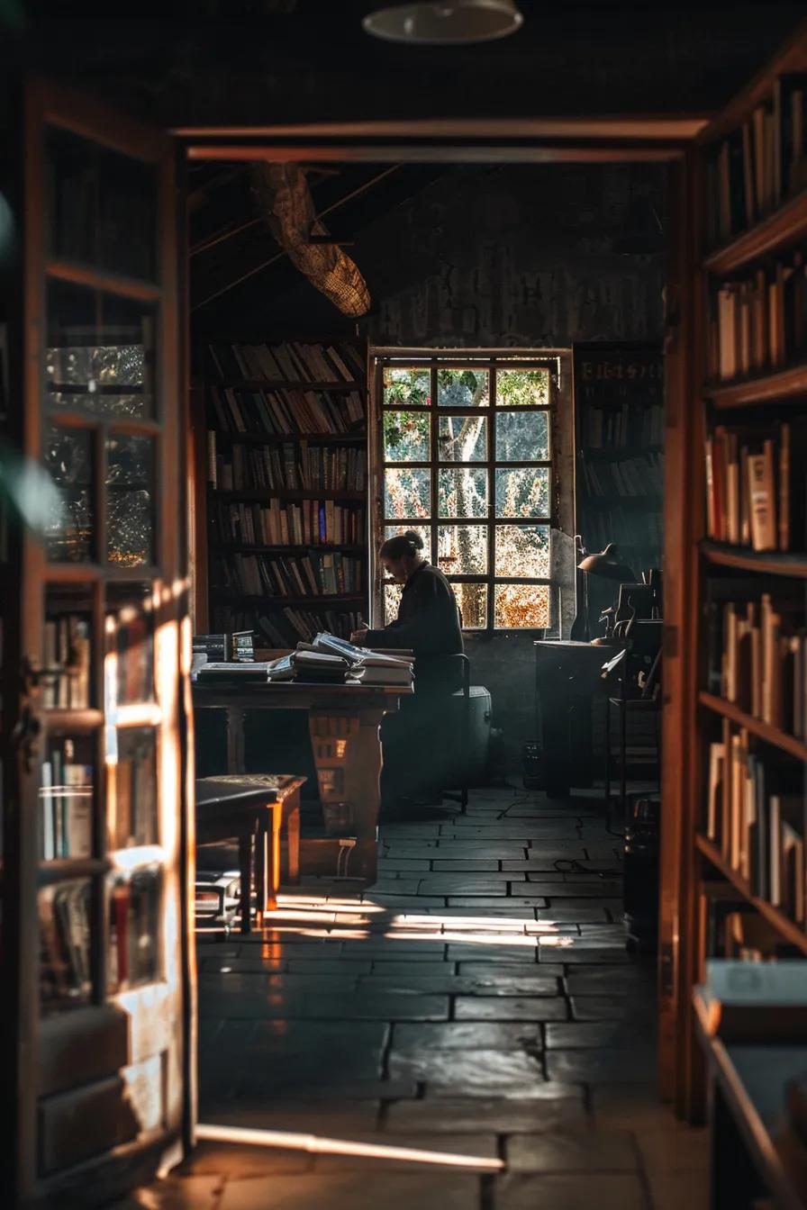 Discover Feral People Sightings in the USA: Legends Unveiled 18 a dimly lit, rustic village library with aged books lining the shelves, where an intrigued researcher examines a dusty case study on feral people, illuminated by a single, focused desk lamp casting dramatic shadows.