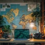 a minimalist, cozy workspace in an urban loft, featuring a neatly packed backpack beside a sleek laptop, vibrant travel gear, and a world map on the wall, emphasizing the theme of travel efficiency for digital nomads.