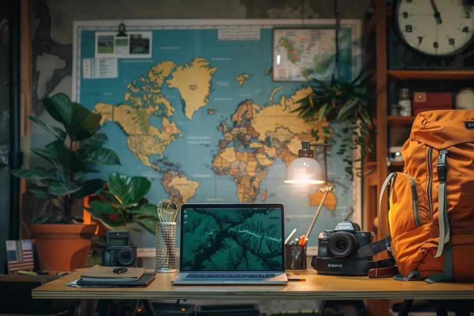 a minimalist, cozy workspace in an urban loft, featuring a neatly packed backpack beside a sleek laptop, vibrant travel gear, and a world map on the wall, emphasizing the theme of travel efficiency for digital nomads.