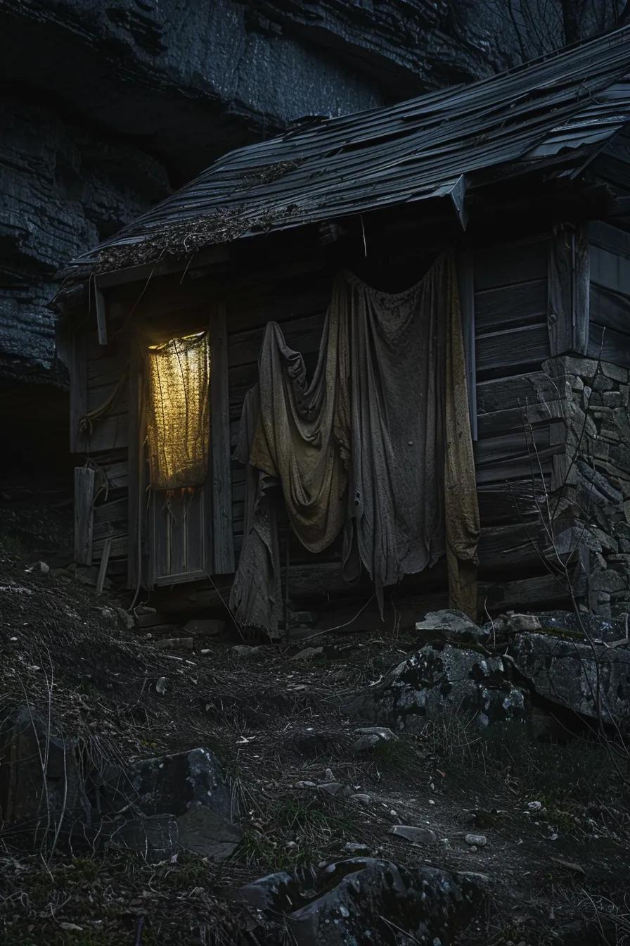 Discover Feral People Sightings in the USA: Legends Unveiled 16 a rugged, dimly lit cabin nestled in a shadowy mountainous landscape serves as the backdrop for a mysterious figure draped in tattered clothing, symbolizing the historical narratives of feral people encounters steeped in america's folklore.