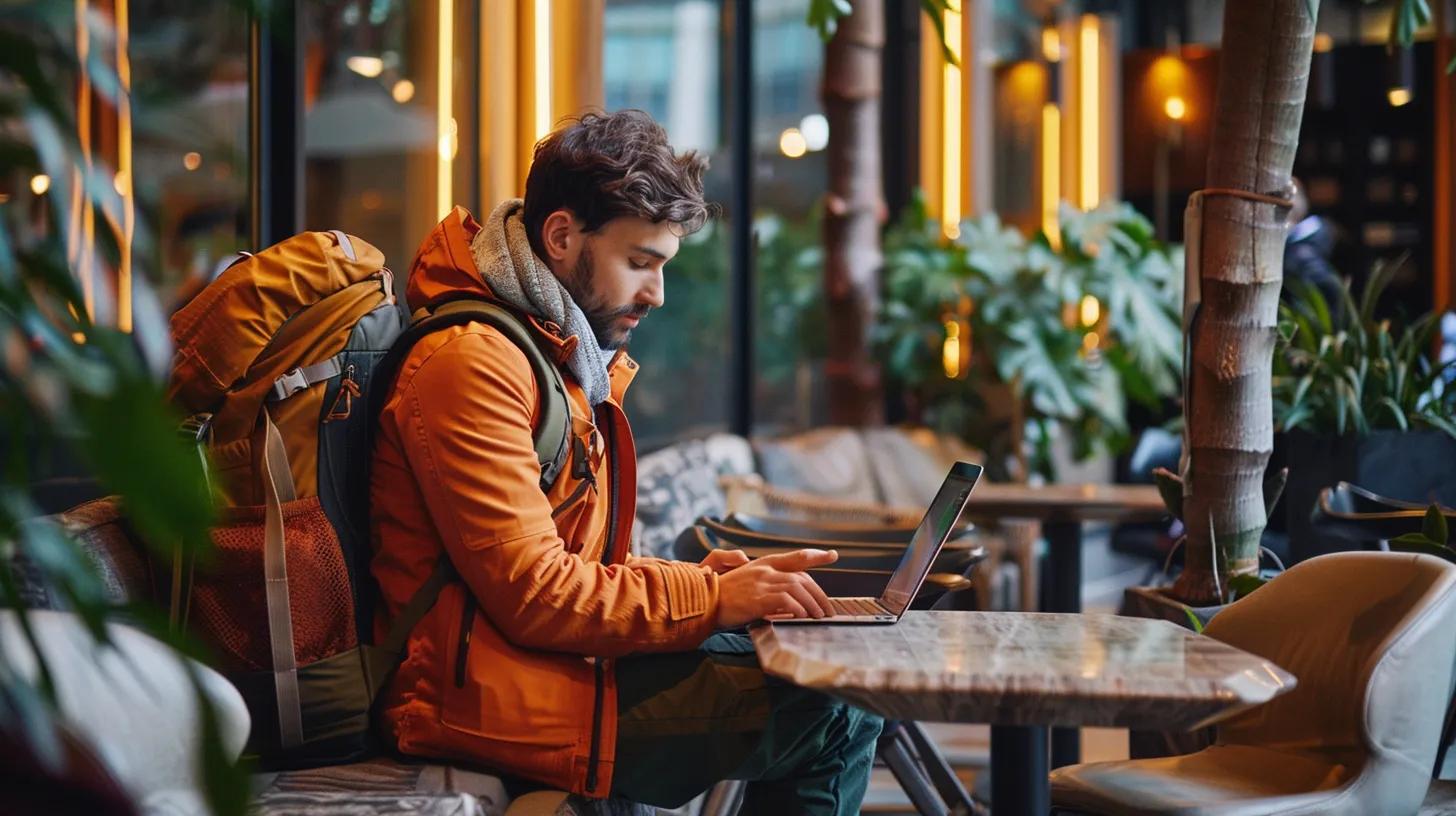 Must-Have Items on Your Digital Nomad Packing List 3 a sleek urban travel scene showcases a modern traveler relaxing in a stylish cafe, surrounded by ergonomic backpacks, plush travel pillows, and high-tech accessories like a wireless keyboard, emphasizing comfort and efficiency on the go.