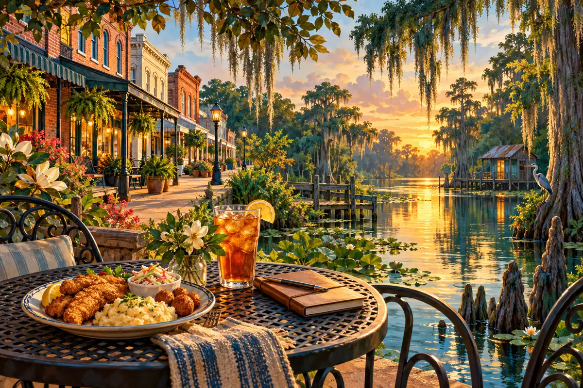 Illustration of brick town streets, cypress bayou scenery and a regional meal for East Texas and northwest Louisiana trip planning
