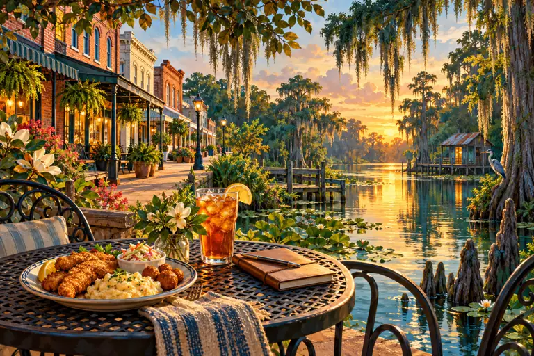 Regional illustration of a brick town street, cypress bayou and a meal for East Texas and northwest Louisiana planning